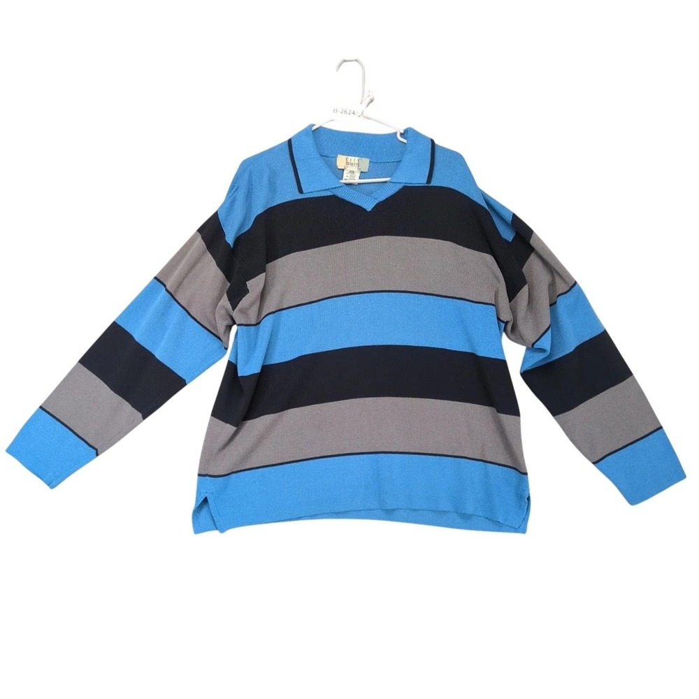 Vintage 90s City Streets Blue Colorblock Rugby Sweater Mens L Preppy Sporty